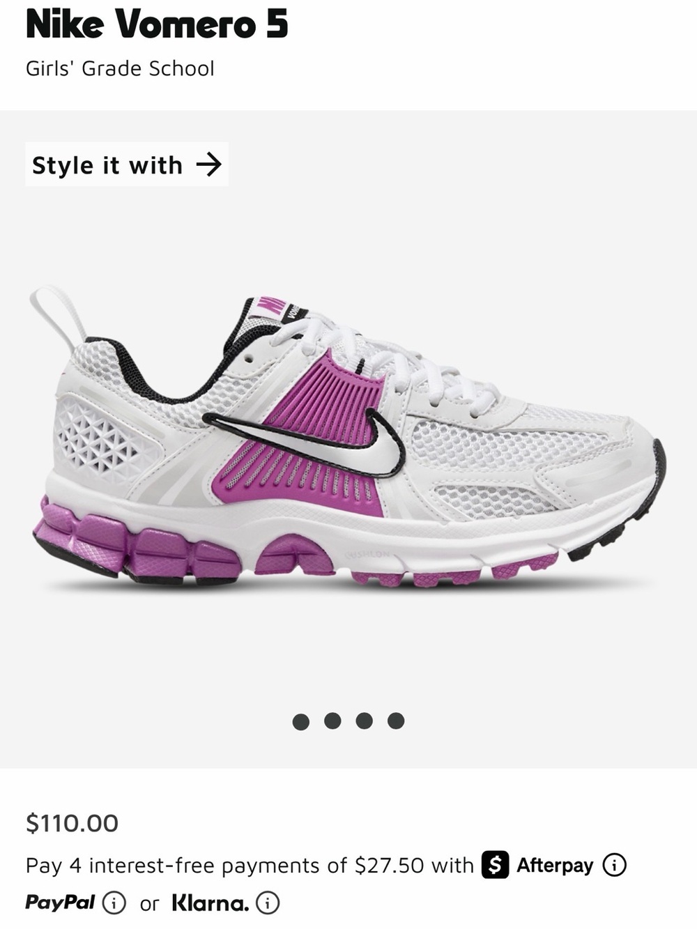 Nike White and Purple Girls' Running Shoes